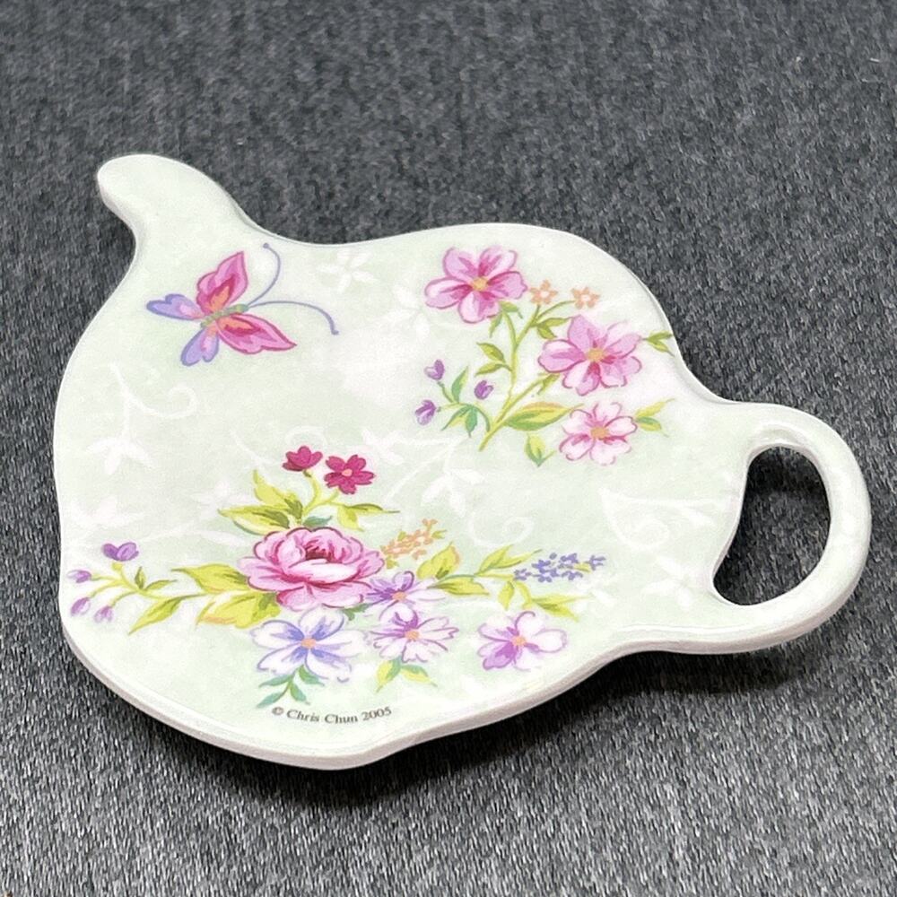 Ashdene Chris Chun 2005 Melamine Teabag Holder Teapot Shaped Rose Butterfly Tea